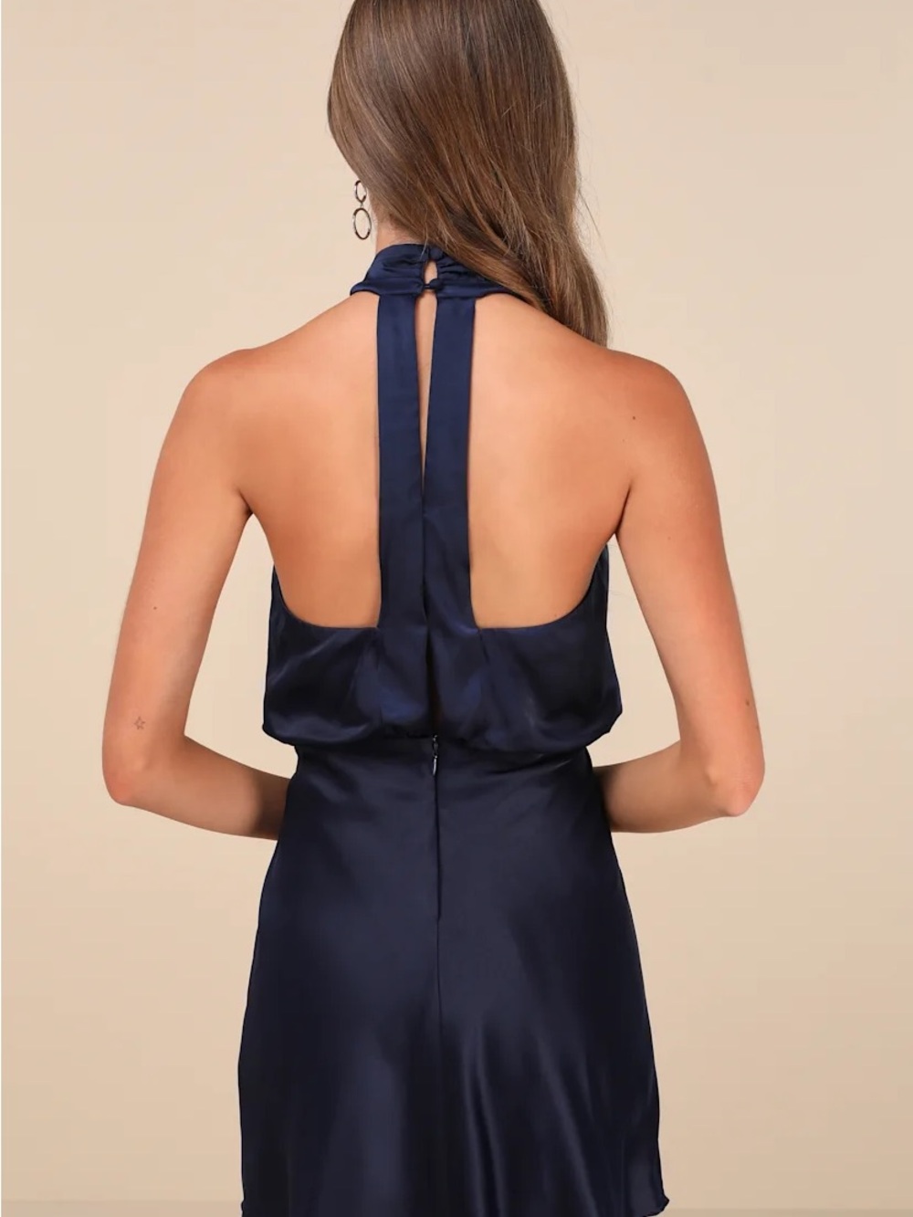 NWT Lulus Sleek Essence Navy Blue Satin Halter Mini Dress Size M - Picture 5 of 7
